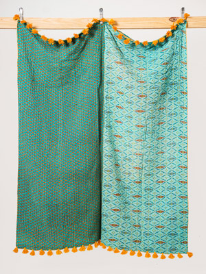 Aqua Courtyard Vintage Sari Kantha Throw